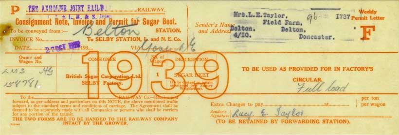 Sugar beet consignment note (1939)